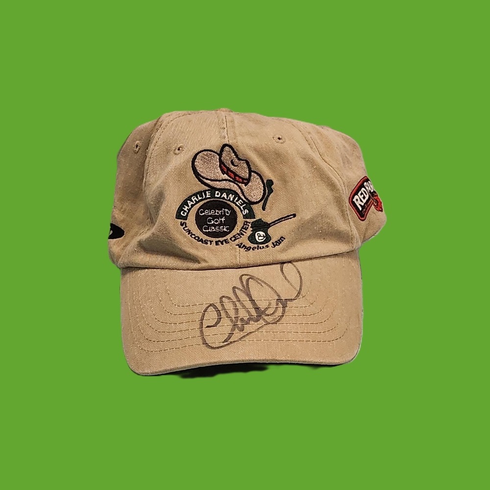 Charlie Daniels Signed Celebrity Golf Classic Hat Tan Red Baron Razor Cap